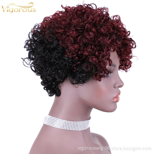 Vigorous Top Quality Ombre Black Roots To Red Afro Kinky Curly Wigs for Black Women Short Side Part Human Hair Wholesale Price